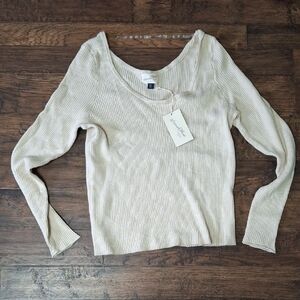 Cream Ribbed Long Sleeve Top